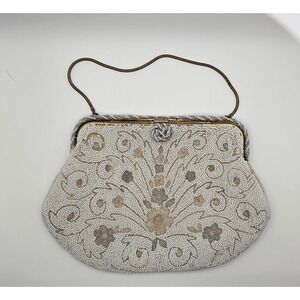 Vintage White Cream Beaded Purse "DELILL‎ HANDMADE IN FRANCE" 1940's